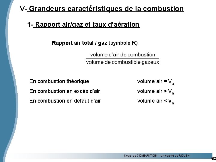 V- Grandeurs caractéristiques de la combustion 1 - Rapport air/gaz et taux d’aération Rapport