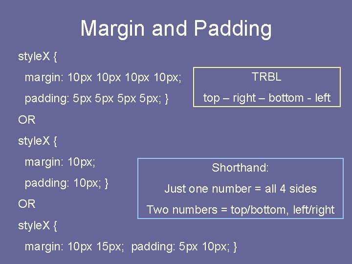 Margin and Padding style. X { TRBL margin: 10 px; padding: 5 px 5