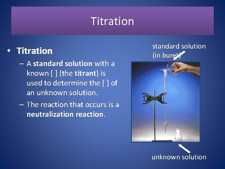 Titration • Titration – A standard solution with a known [ ] (the titrant)