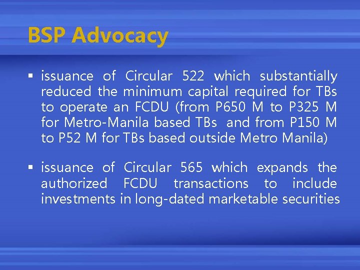 First Semester Report BSP Advocacy issuance of