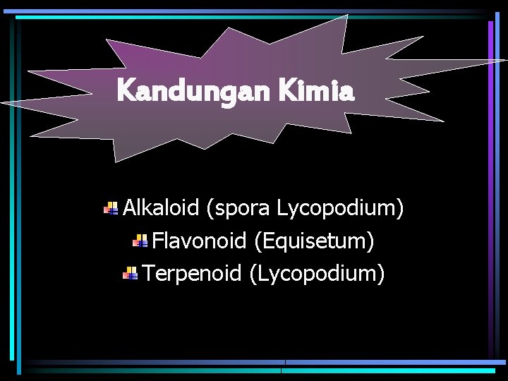 Kandungan Kimia Alkaloid (spora Lycopodium) Flavonoid (Equisetum) Terpenoid (Lycopodium) 