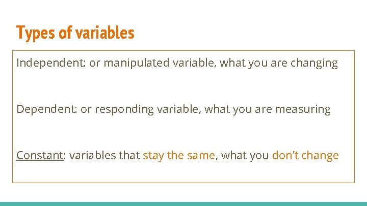 Types of variables Independent: or manipulated variable, what you are changing Dependent: or responding