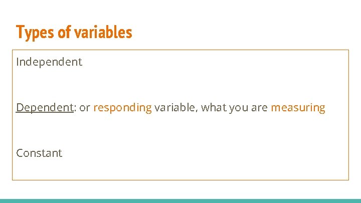 Types of variables Independent Dependent: or responding variable, what you are measuring Constant 