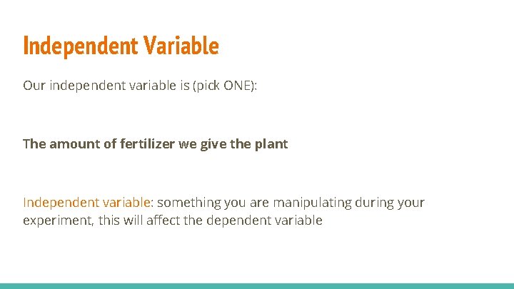 Independent Variable Our independent variable is (pick ONE): The amount of fertilizer we give