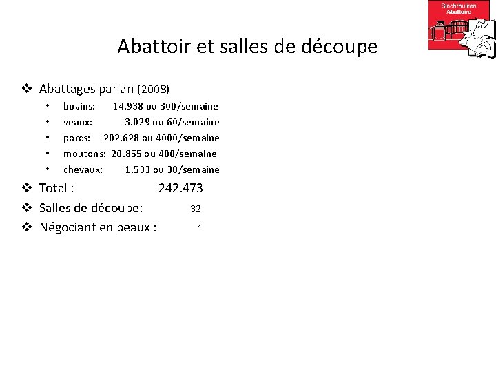 Abattoir et salles de découpe v Abattages par an (2008) • • • bovins: