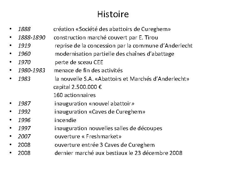 Histoire • • 1888 -1890 1919 1960 1970 1980 -1983 • • 1987 1992