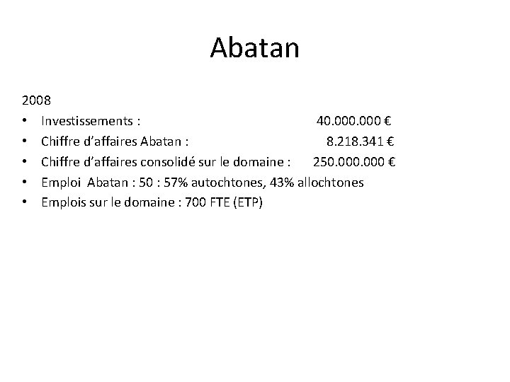 Abatan 2008 • Investissements : 40. 000 € • Chiffre d’affaires Abatan : 8.