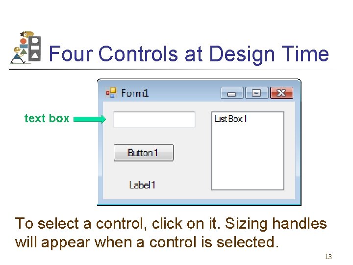 Four Controls at Design Time text box To select a control, click on it.