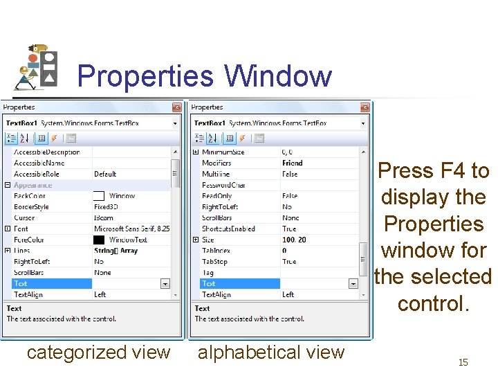 Properties Window Press F 4 to display the Properties window for the selected control.
