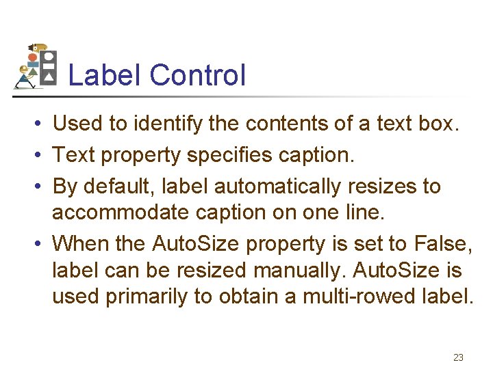 Label Control • Used to identify the contents of a text box. • Text