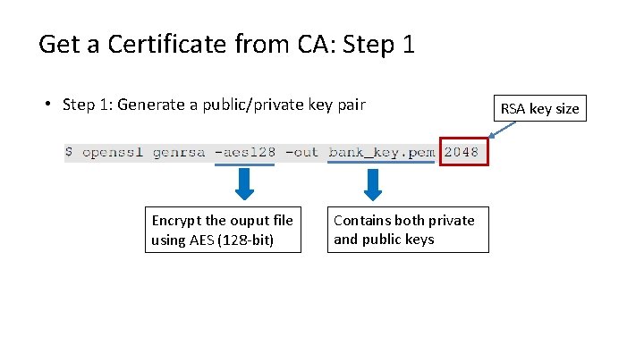 Get a Certificate from CA: Step 1 • Step 1: Generate a public/private key