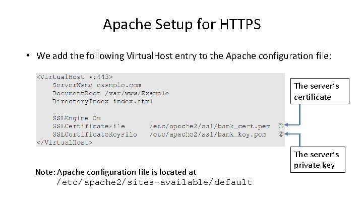 Apache Setup for HTTPS • We add the following Virtual. Host entry to the