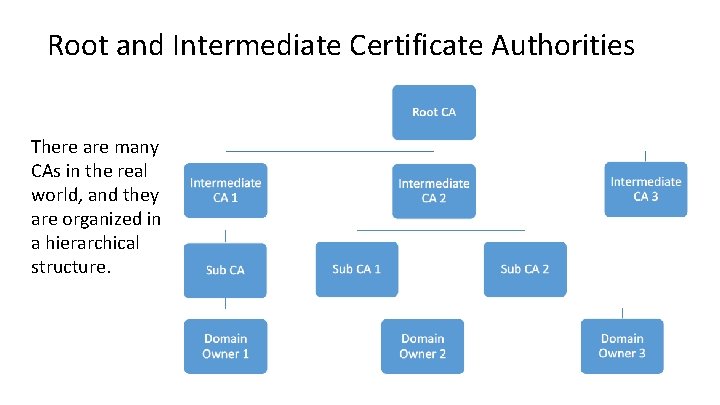 Root and Intermediate Certificate Authorities There are many CAs in the real world, and