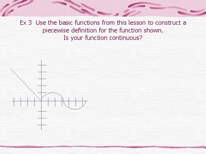 Ex 3 Use the basic functions from this lesson to construct a piecewise definition Ex 3 Use the basic functions from this lesson to construct a piecewise definition