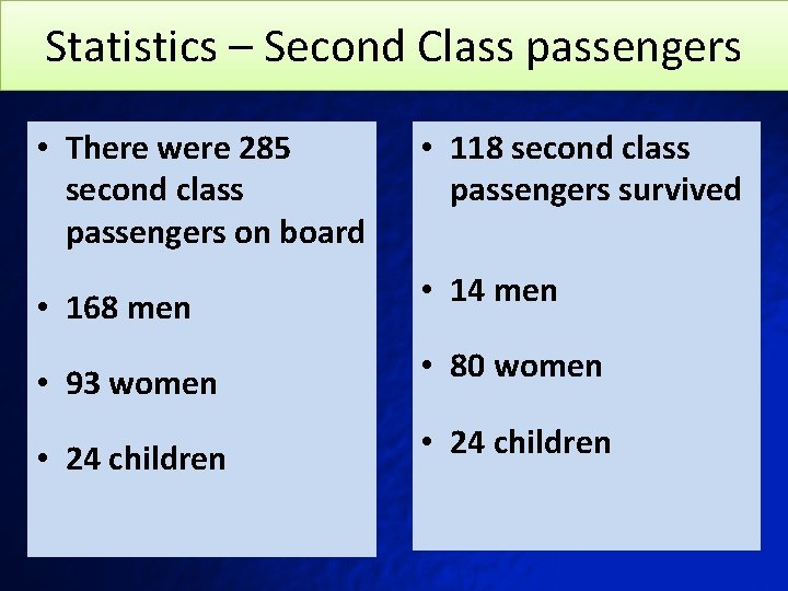 Statistics – Second Class passengers • There were 285 second class passengers on board