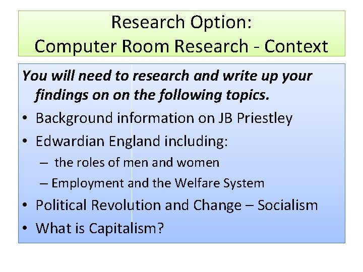 Research Option: Computer Room Research - Context You will need to research and write
