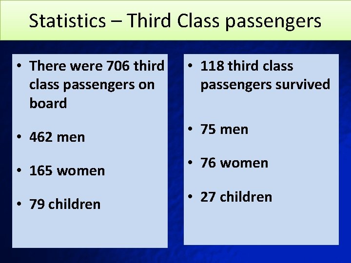 Statistics – Third Class passengers • There were 706 third class passengers on board