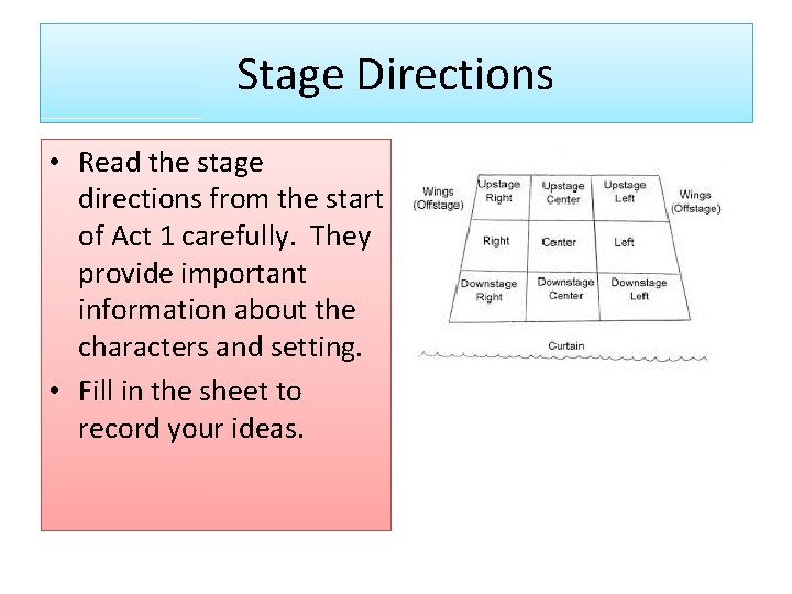 Stage Directions • Read the stage directions from the start of Act 1 carefully.