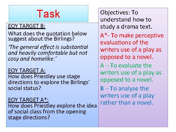 Task Objectives: To understand how to EOY TARGET B: study a drama text. What