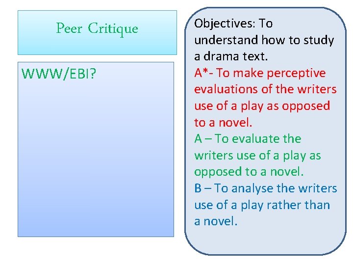 Peer Critique WWW/EBI? Objectives: To understand how to study a drama text. A*- To