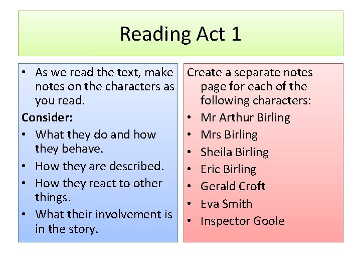 Reading Act 1 • As we read the text, make notes on the characters