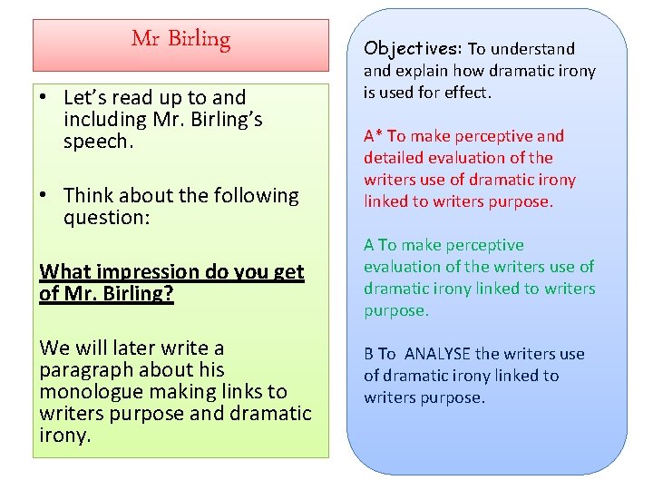 Mr Birling • Let’s read up to and including Mr. Birling’s speech. • Think