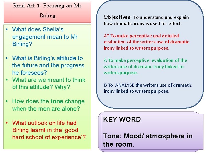 Read Act 1 - Focusing on Mr Birling • What does Sheila's engagement mean