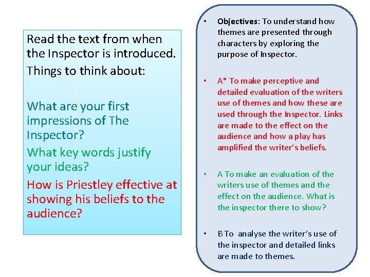 Read the text from when the Inspector is introduced. Things to think about: What