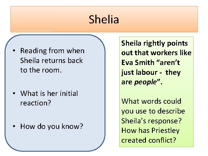 Shelia • Reading from when Sheila returns back to the room. • What is