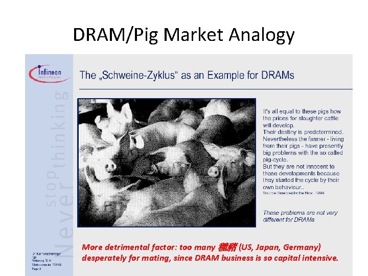 DRAM/Pig Market Analogy More detrimental factor: too many 種豬 (US, Japan, Germany) desperately for
