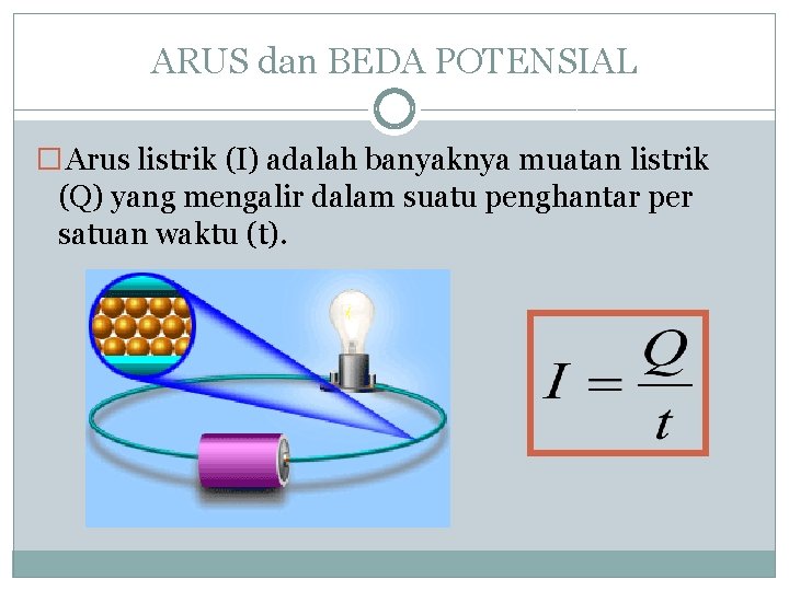 ARUS dan BEDA POTENSIAL � Arus listrik (I) adalah banyaknya muatan listrik (Q) yang