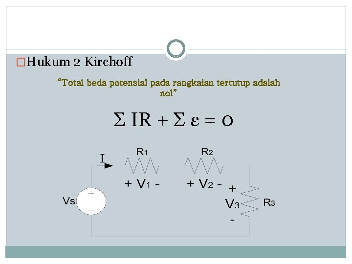 �Hukum 2 Kirchoff “Total beda potensial pada rangkaian tertutup adalah nol” Σ IR +
