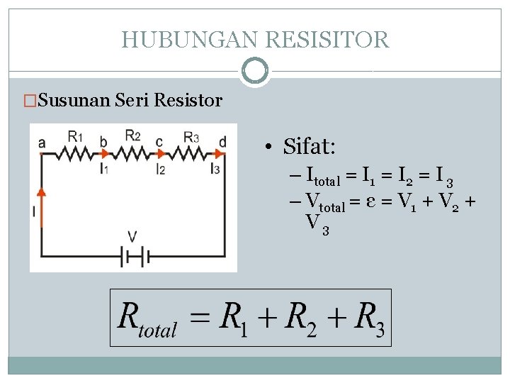 HUBUNGAN RESISITOR �Susunan Seri Resistor • Sifat: – Itotal = I 1 = I