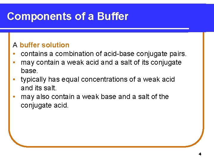 Components of a Buffer A buffer solution • contains a combination of acid-base conjugate