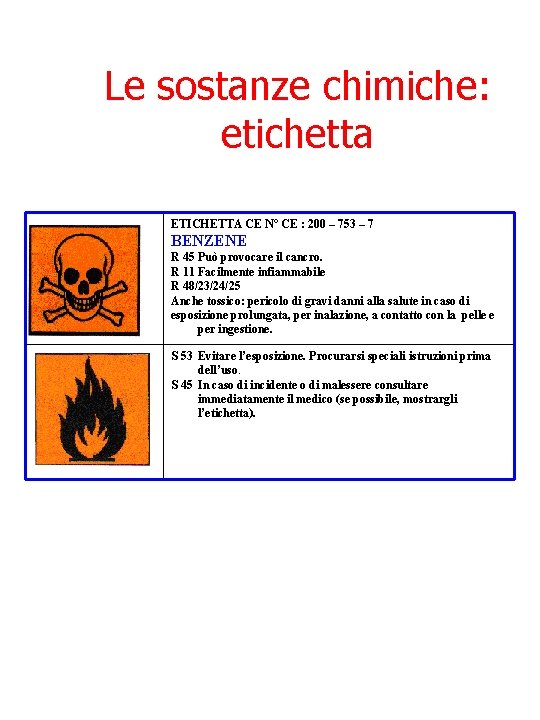 Le sostanze chimiche: etichetta ETICHETTA CE N° CE : 200 – 753 – 7