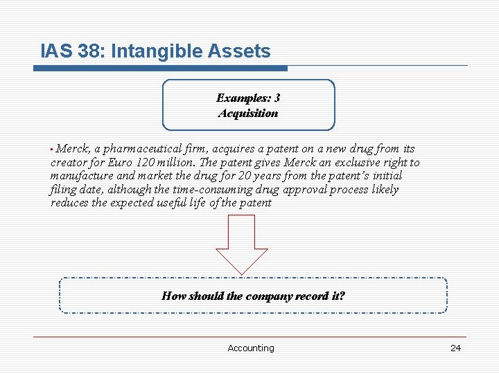 IAS 38: Intangible Assets Examples: 3 Acquisition Merck, a pharmaceutical firm, acquires a patent