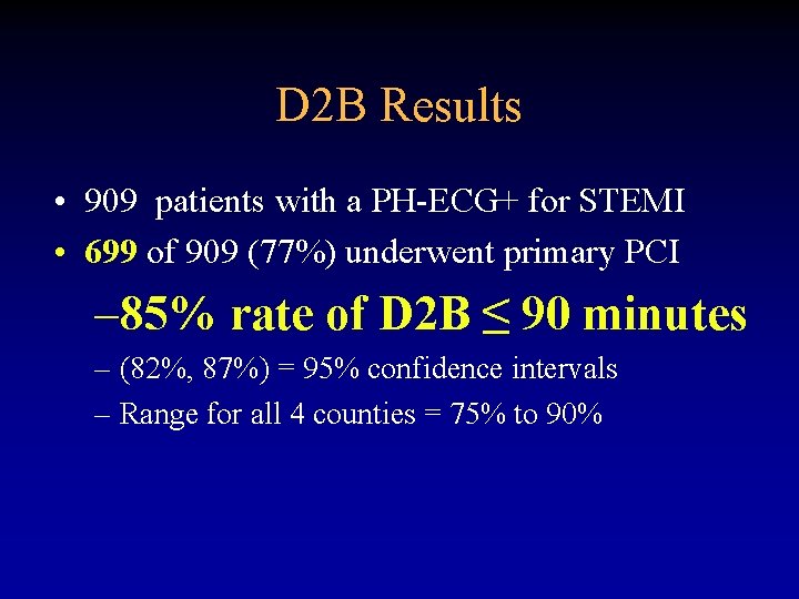D 2 B Results • 909 patients with a PH-ECG+ for STEMI • 699
