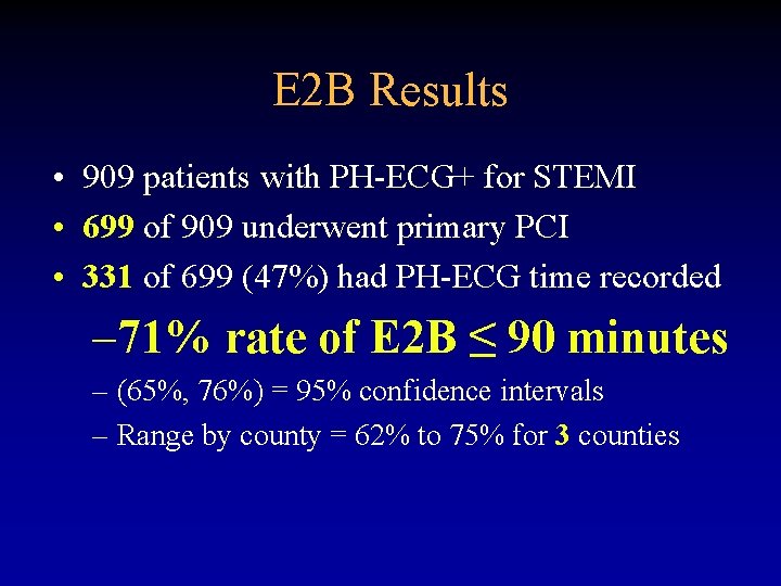 E 2 B Results • 909 patients with PH-ECG+ for STEMI • 699 of