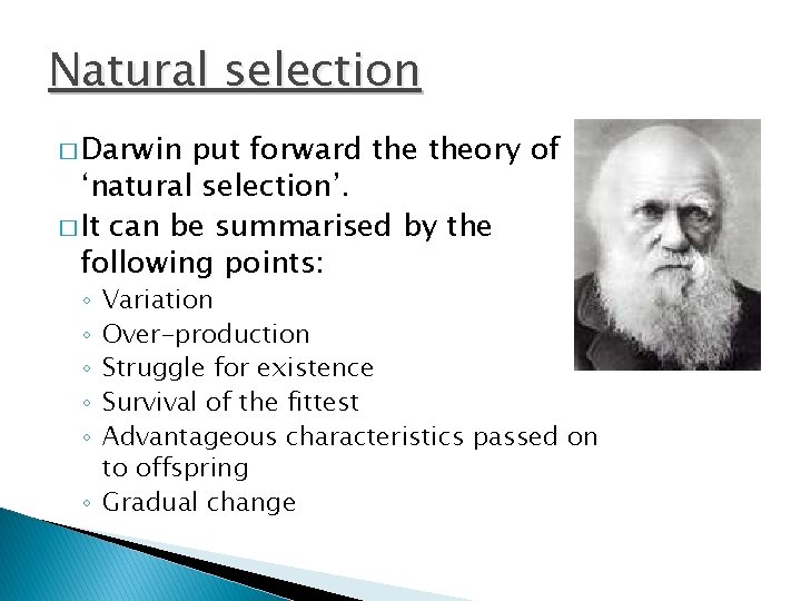 Natural selection � Darwin put forward theory of ‘natural selection’. � It can be