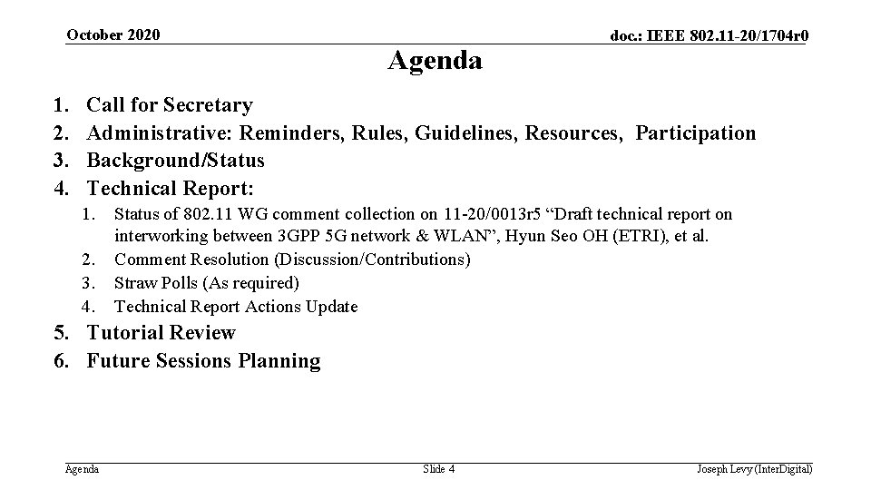October 2020 Agenda 1. 2. 3. 4. doc. : IEEE 802. 11 -20/1704 r