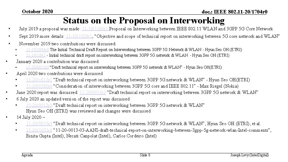 October 2020 doc. : IEEE 802. 11 -20/1704 r 0 Status on the Proposal