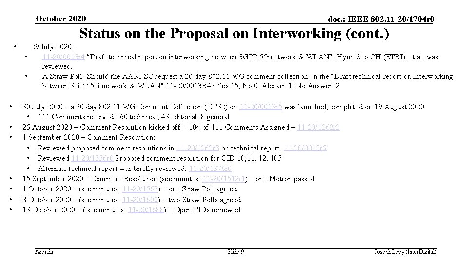 October 2020 doc. : IEEE 802. 11 -20/1704 r 0 Status on the Proposal