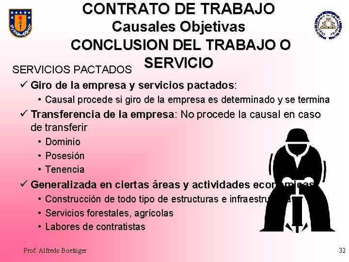 CONTRATO DE TRABAJO Causales Objetivas CONCLUSION DEL TRABAJO O SERVICIOS PACTADOS ü Giro de