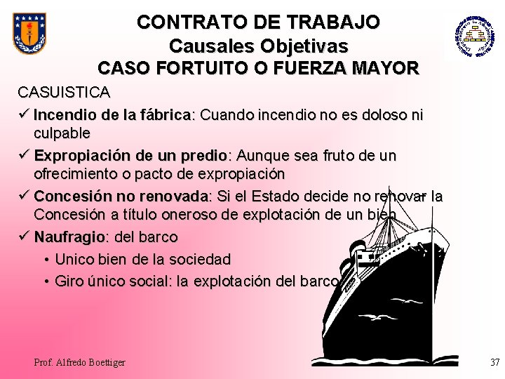 CONTRATO DE TRABAJO Causales Objetivas CASO FORTUITO O FUERZA MAYOR CASUISTICA ü Incendio de