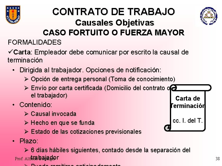 CONTRATO DE TRABAJO Causales Objetivas CASO FORTUITO O FUERZA MAYOR FORMALIDADES üCarta: Empleador debe