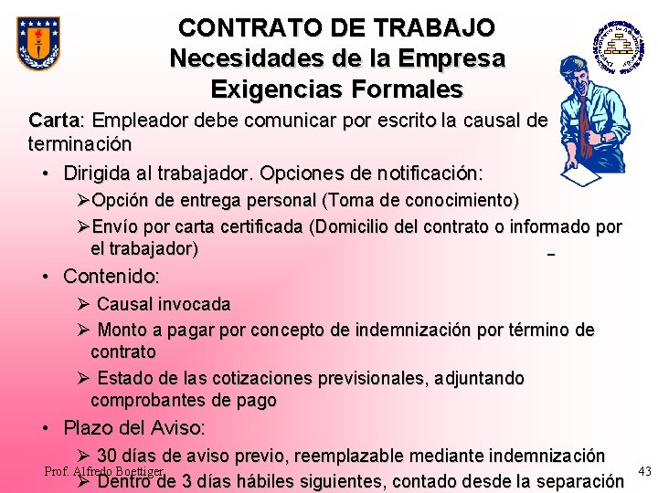 CONTRATO DE TRABAJO Necesidades de la Empresa Exigencias Formales Carta: Empleador debe comunicar por