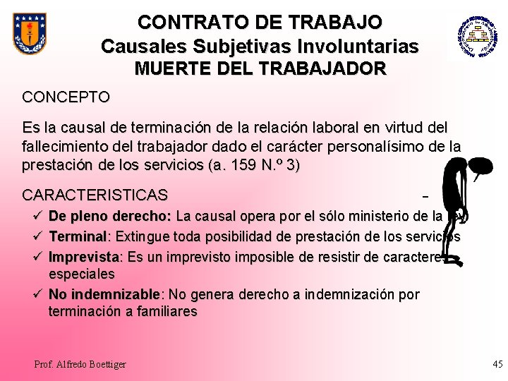 CONTRATO DE TRABAJO Causales Subjetivas Involuntarias MUERTE DEL TRABAJADOR CONCEPTO Es la causal de