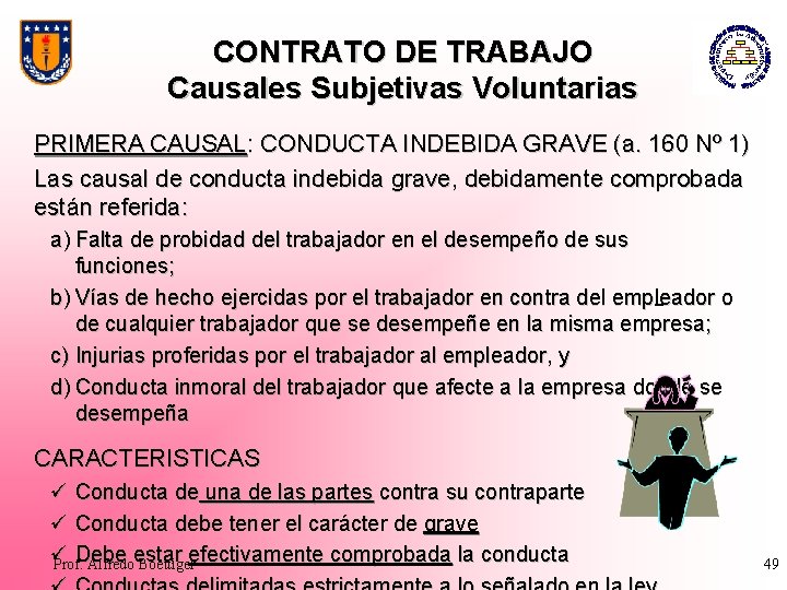 CONTRATO DE TRABAJO Causales Subjetivas Voluntarias PRIMERA CAUSAL: CONDUCTA INDEBIDA GRAVE (a. 160 Nº