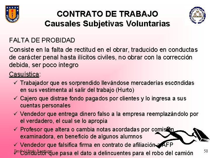 CONTRATO DE TRABAJO Causales Subjetivas Voluntarias FALTA DE PROBIDAD Consiste en la falta de