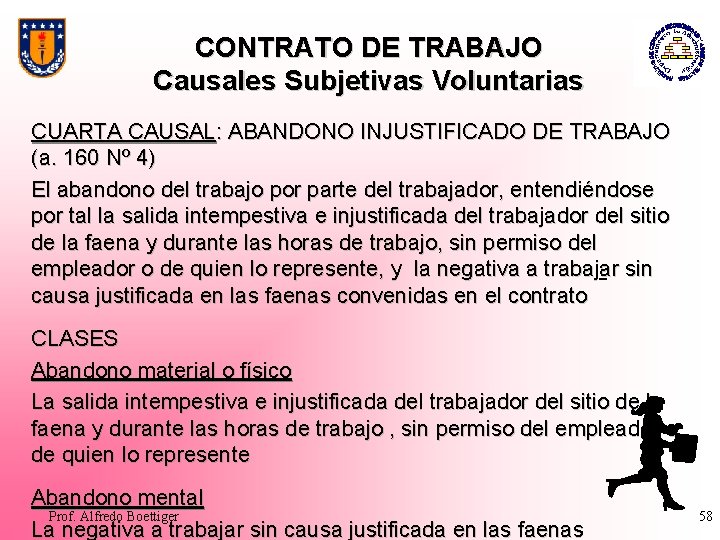 CONTRATO DE TRABAJO Causales Subjetivas Voluntarias CUARTA CAUSAL: ABANDONO INJUSTIFICADO DE TRABAJO (a. 160